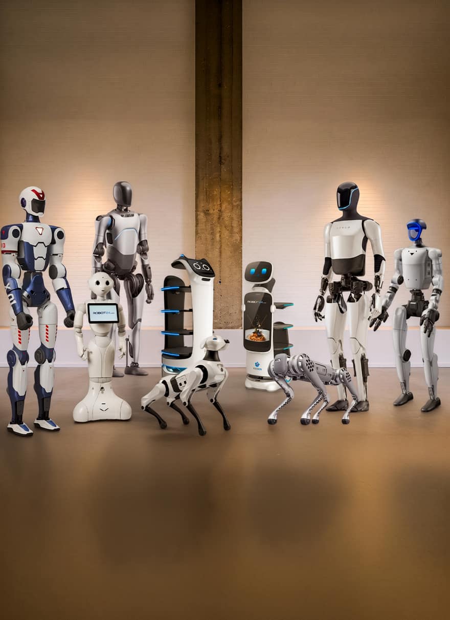 The Robot24.com robot line-up: humanoids, service robots and robot dogs in a studio